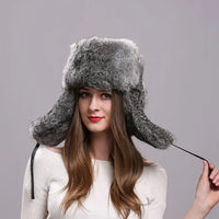 Thumbnail for Rabbit Fur Bomber Hat for Women - Winter Warmth - InspiredGrabs.com