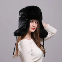 Thumbnail for Rabbit Fur Bomber Hat for Women - Winter Warmth - InspiredGrabs.com