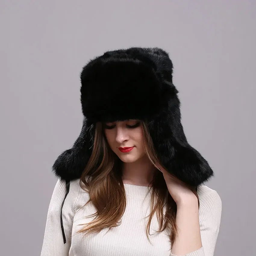 Rabbit Fur Bomber Hat for Women - Winter Warmth - InspiredGrabs.com