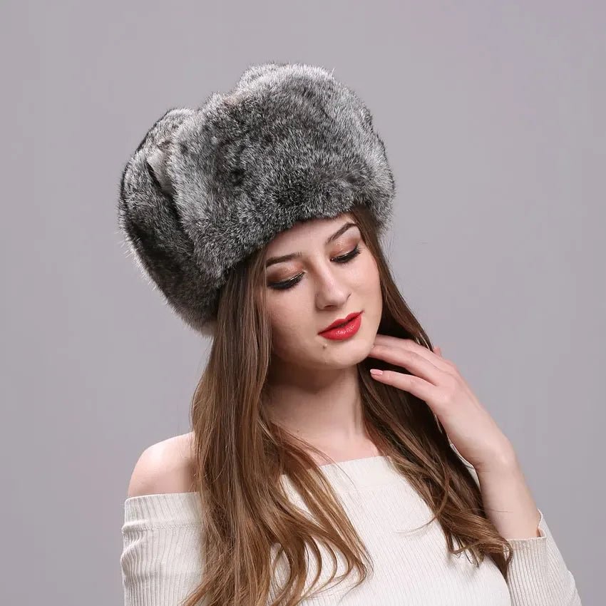 Rabbit Fur Bomber Hat for Women - Winter Warmth - InspiredGrabs.com