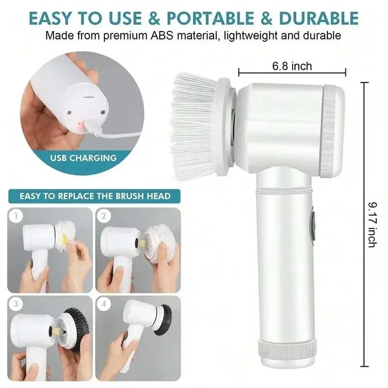 Rechargeable 5-Head Electric Spin Scrubber with LED Display - InspiredGrabs.com