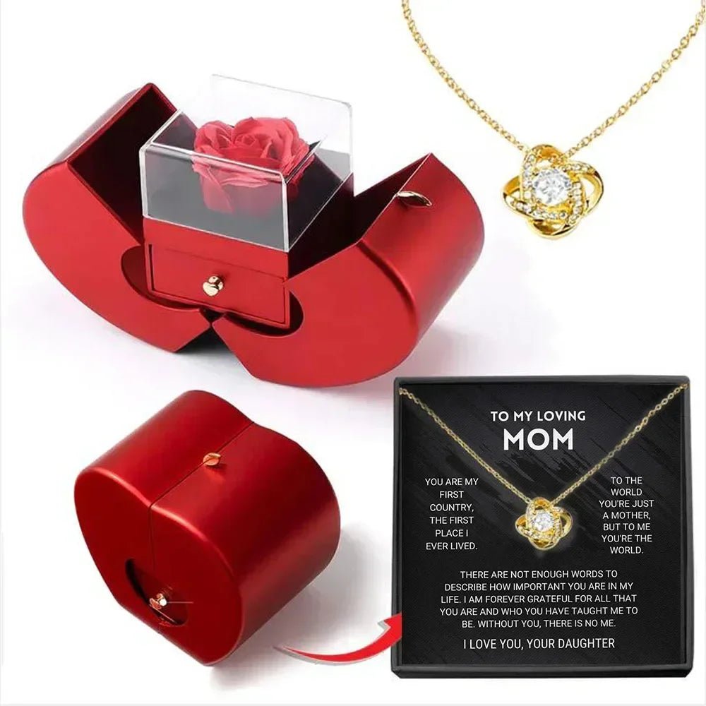 Red Apple Jewelry Box with Eternal Rose Necklace | Perfect Birthday Gift for Girlfriend, Mom, Wife | Wedding, New Year, Valentine's Day Present - InspiredGrabs.com