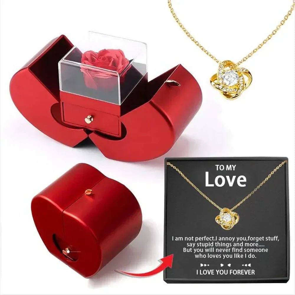 Red Apple Jewelry Box with Eternal Rose Necklace | Perfect Birthday Gift for Girlfriend, Mom, Wife | Wedding, New Year, Valentine's Day Present - InspiredGrabs.com