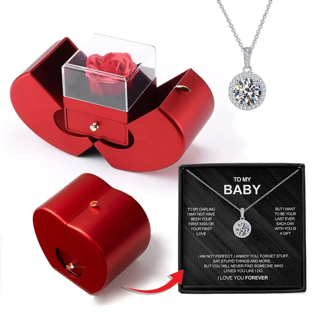 Red Apple Jewelry Box with Eternal Rose Necklace | Perfect Birthday Gift for Girlfriend, Mom, Wife | Wedding, New Year, Valentine's Day Present - InspiredGrabs.com