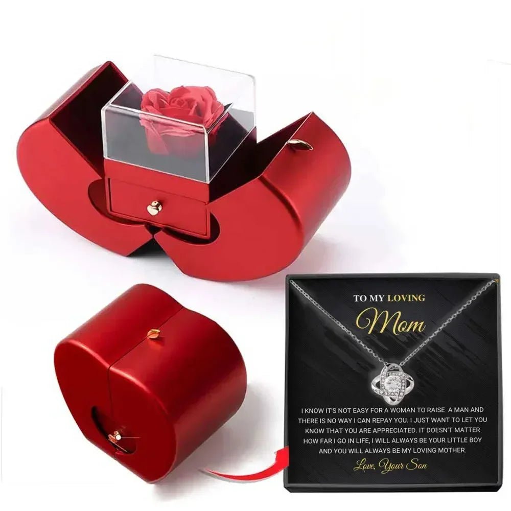 Red Apple Jewelry Box with Eternal Rose Necklace | Perfect Birthday Gift for Girlfriend, Mom, Wife | Wedding, New Year, Valentine's Day Present - InspiredGrabs.com