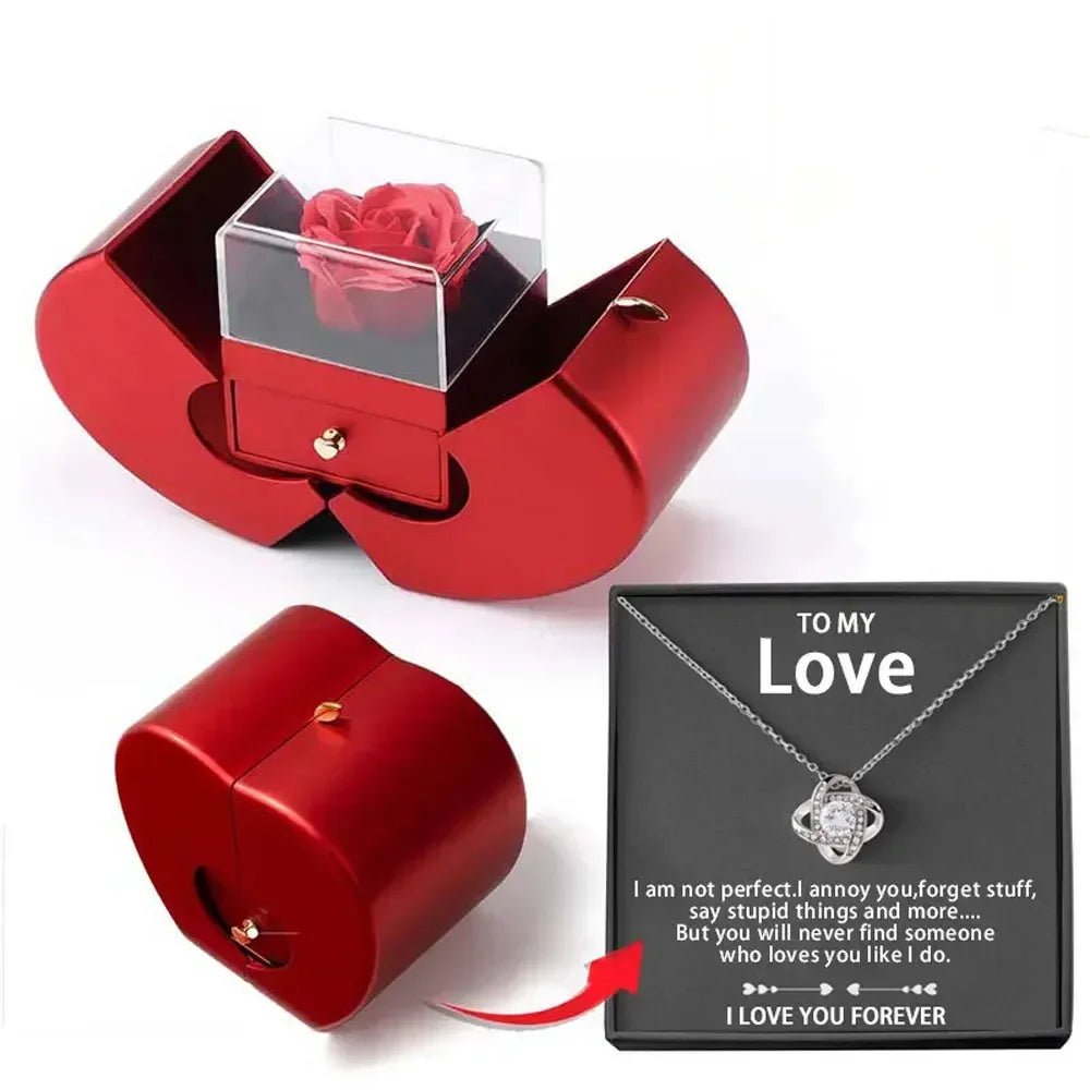 Red Apple Jewelry Box with Eternal Rose Necklace | Perfect Birthday Gift for Girlfriend, Mom, Wife | Wedding, New Year, Valentine's Day Present - InspiredGrabs.com