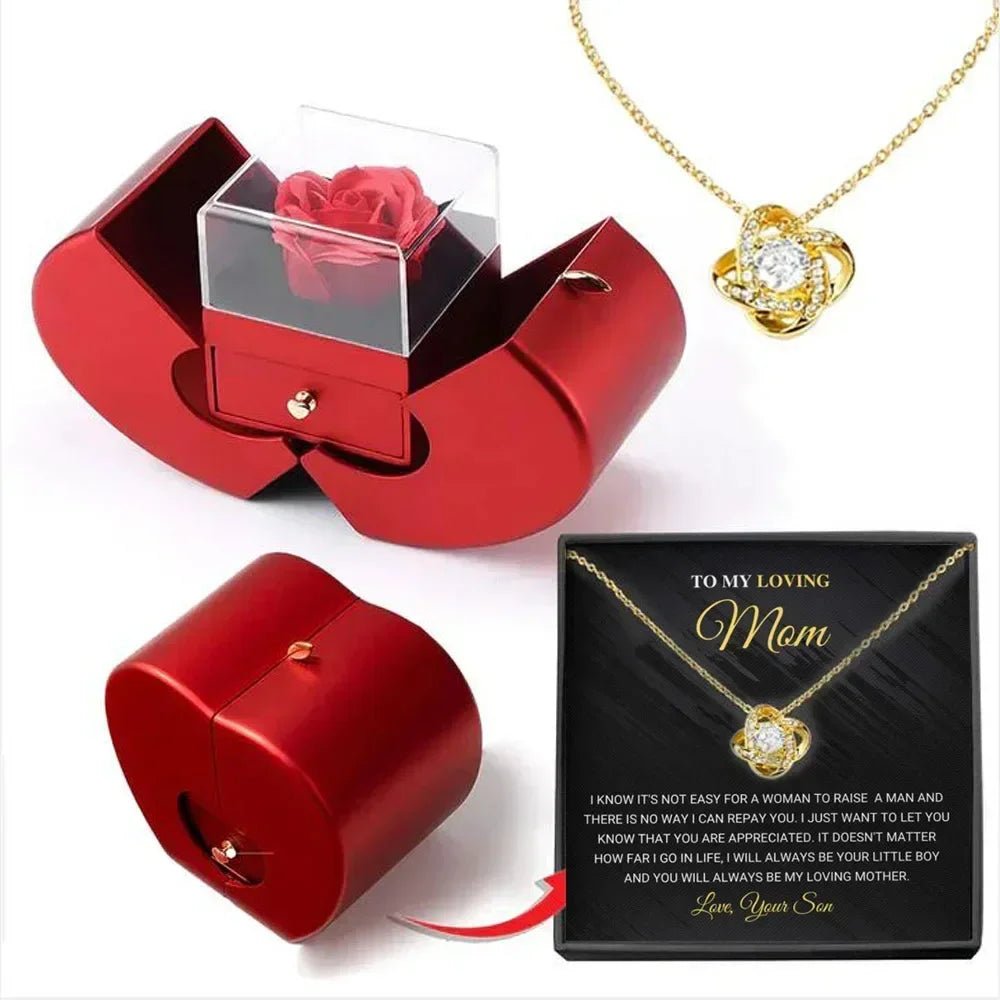 Red Apple Jewelry Box with Eternal Rose Necklace | Perfect Birthday Gift for Girlfriend, Mom, Wife | Wedding, New Year, Valentine's Day Present - InspiredGrabs.com