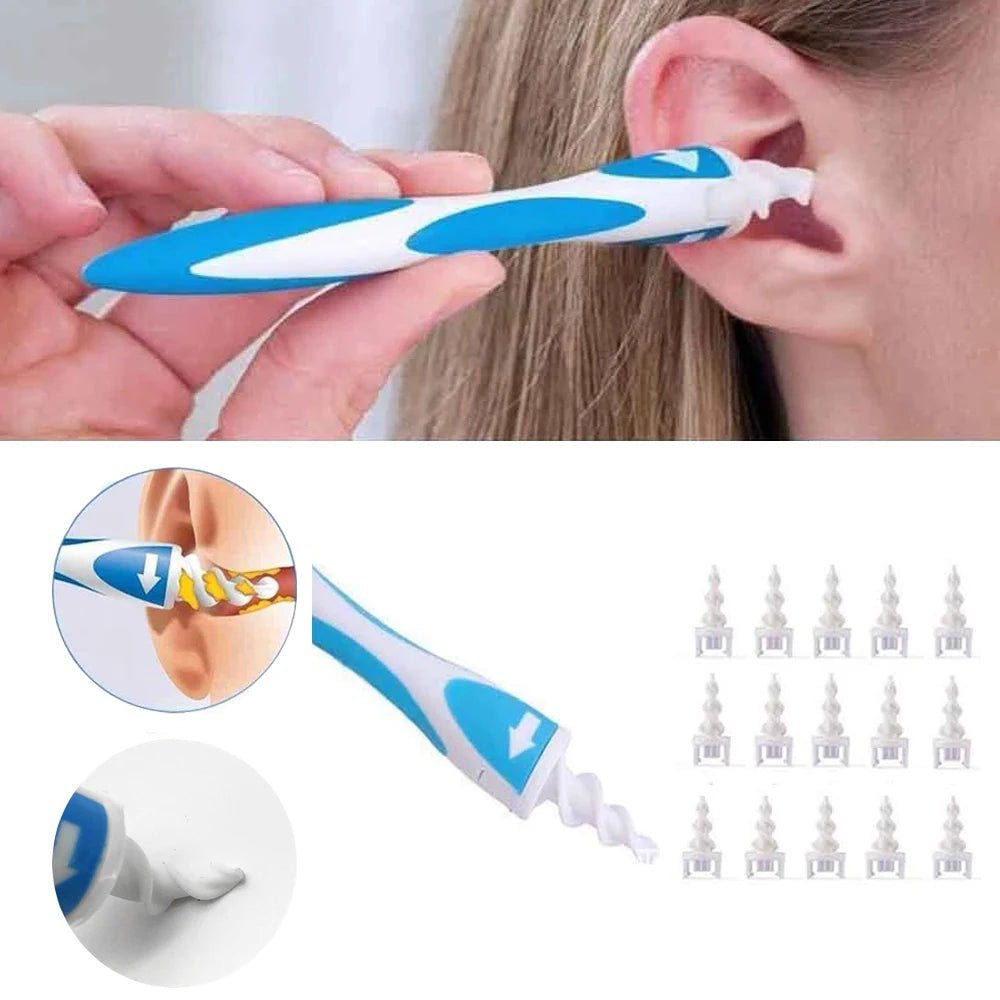 Soft Silicone Ear Wax Removal Tool | Spiral Ear Cleaner with 16 Replacement Heads | Gentle Ear Care Solution - InspiredGrabs.com