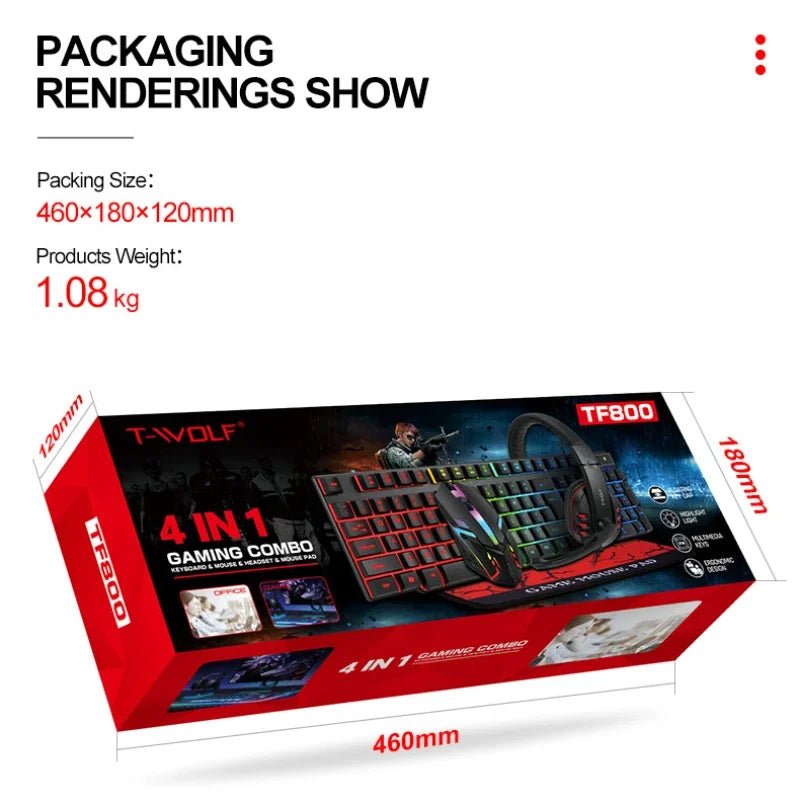 T - WOLF TF800 Gaming 4 - in - 1 Set – Illuminated Keyboard, Mouse, Headset & Pad - InspiredGrabs.com