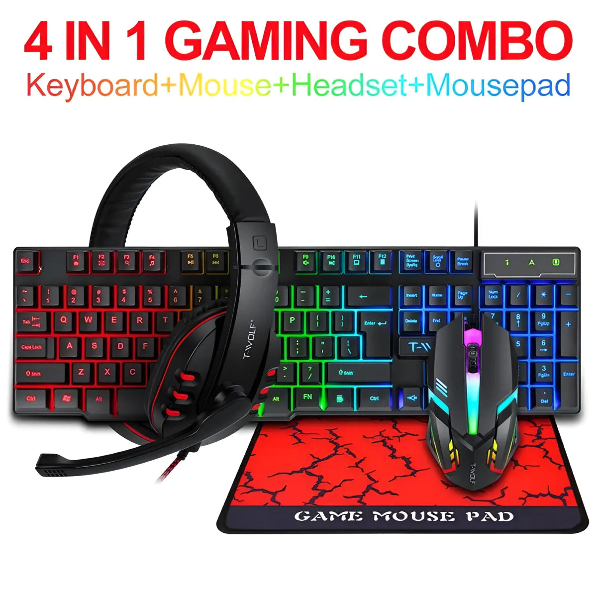 T - WOLF TF800 Gaming 4 - in - 1 Set – Illuminated Keyboard, Mouse, Headset & Pad - InspiredGrabs.com