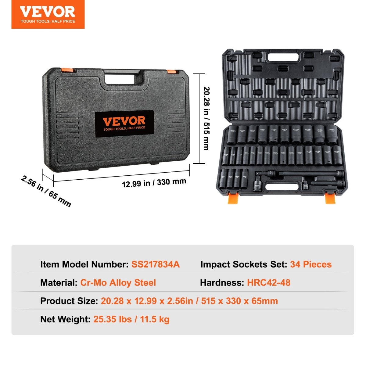 VEVOR 34 - Piece Impact Socket Set, Cr - MO Steel - InspiredGrabs.com