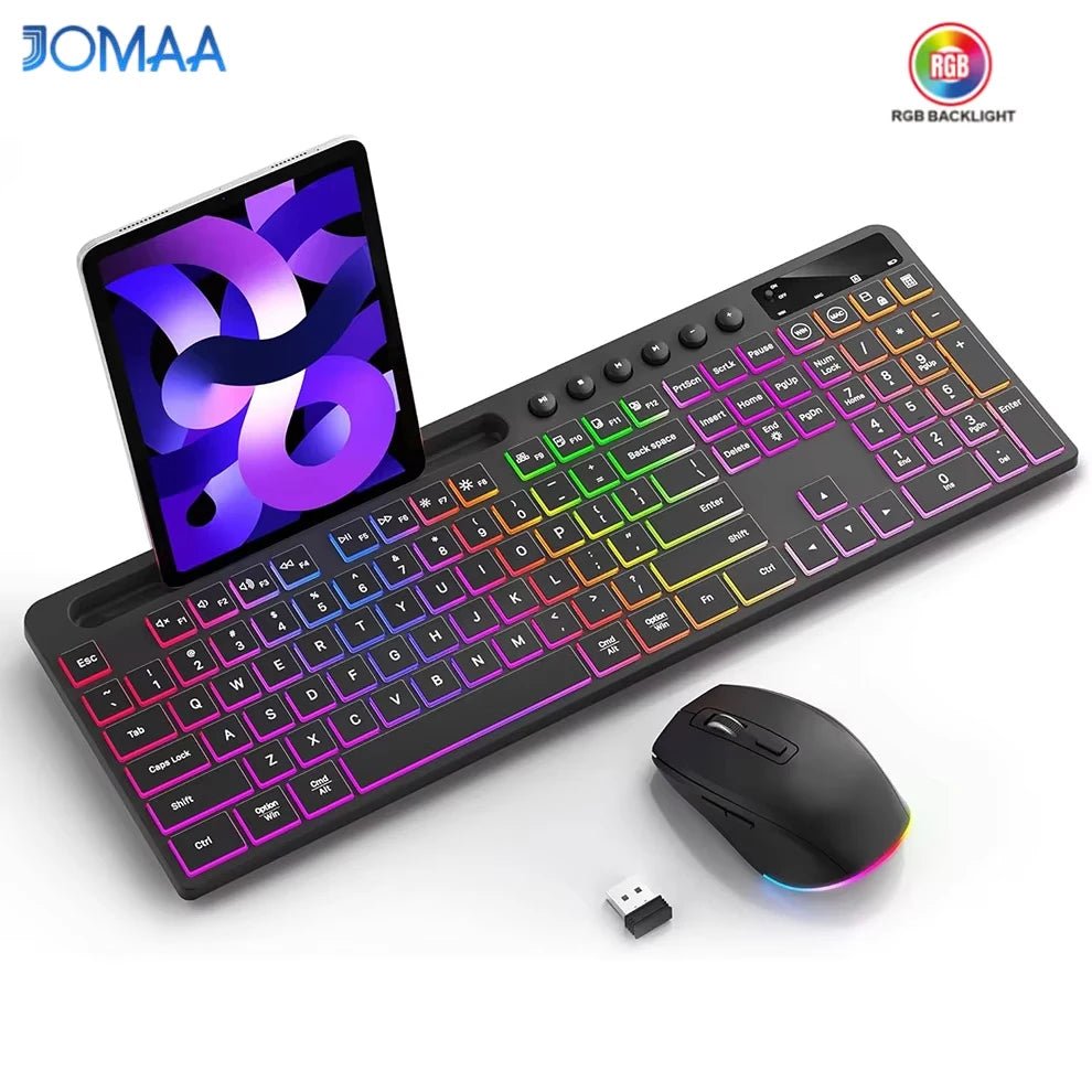 Wireless Backlit Keyboard & Mouse Combo – Full Size with Device Holder - InspiredGrabs.com