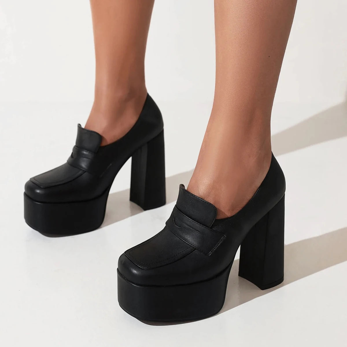 Women Platform Square Toe Thick Heel Pumps - InspiredGrabs.com