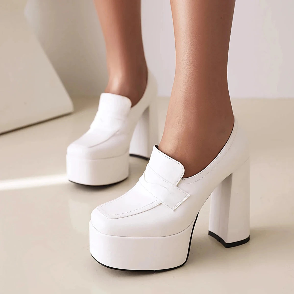 Women Platform Square Toe Thick Heel Pumps - InspiredGrabs.com