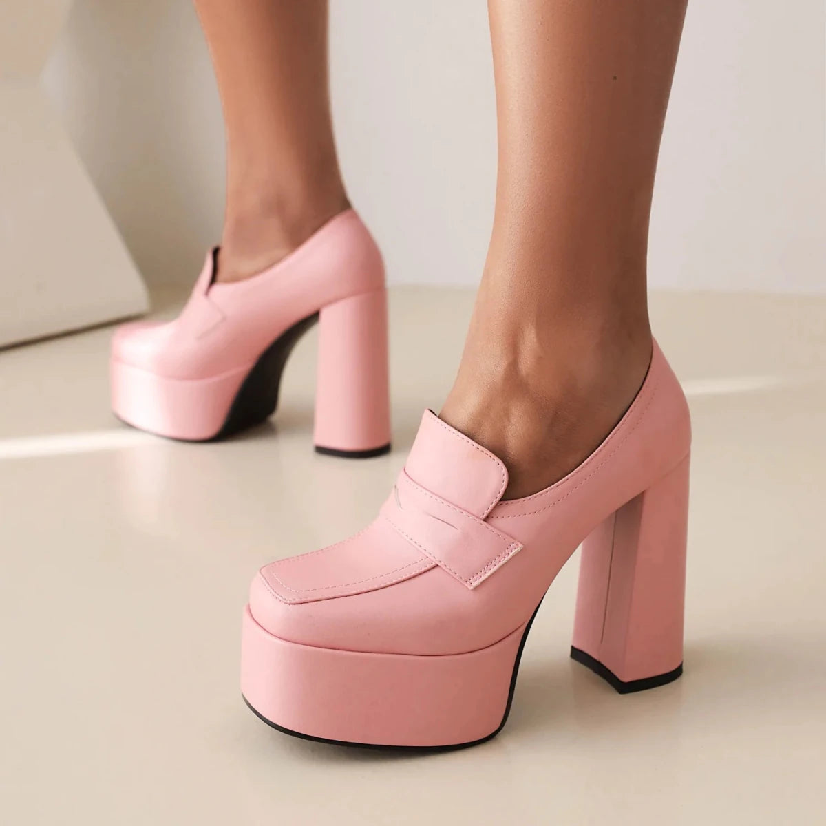 Women Platform Square Toe Thick Heel Pumps - InspiredGrabs.com
