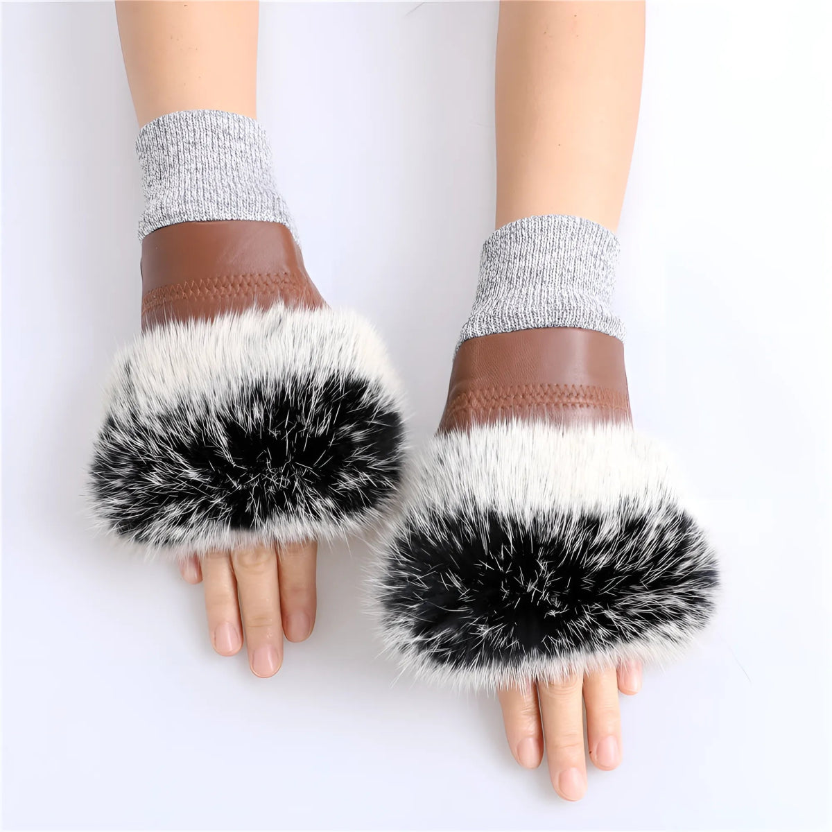 Women’s Genuine Sheepskin Fingerless Winter Gloves – Rabbit Fur Cuffs - InspiredGrabs.com