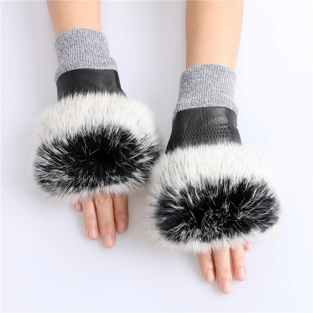 Women’s Genuine Sheepskin Fingerless Winter Gloves – Rabbit Fur Cuffs - InspiredGrabs.com