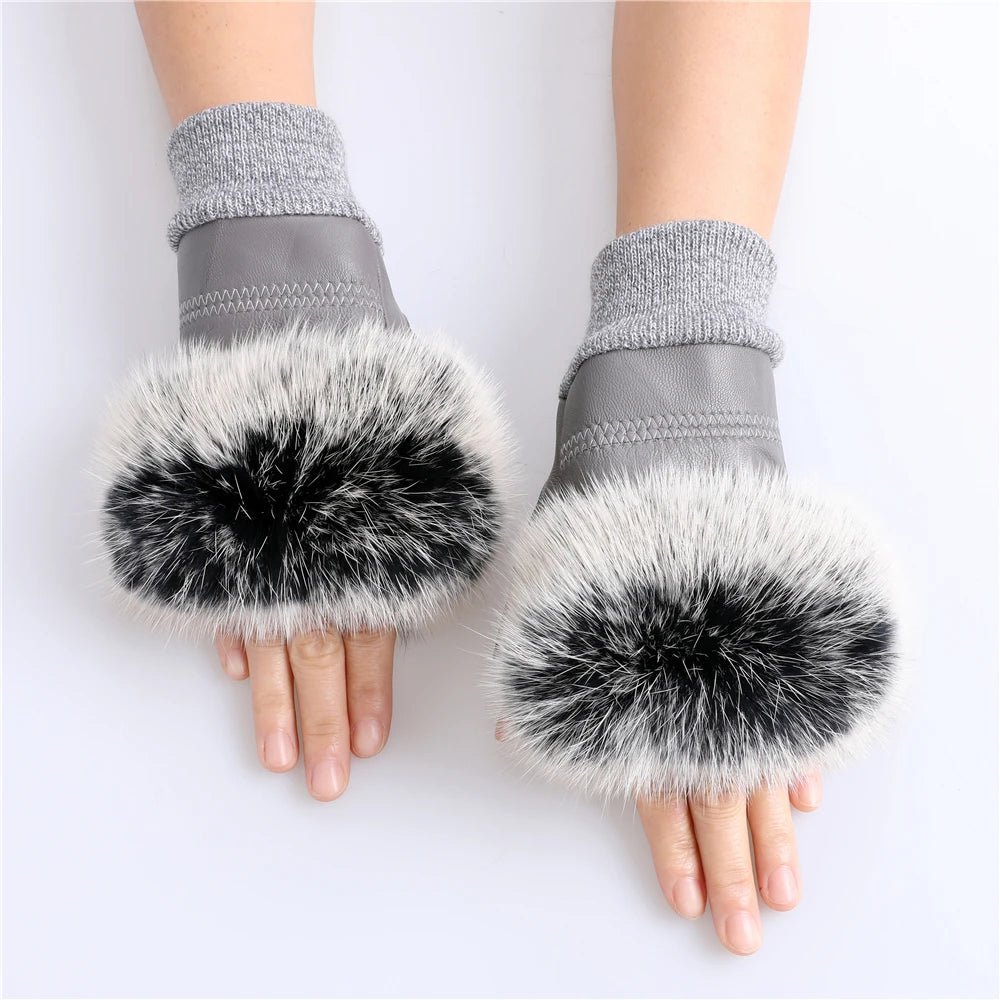 Women’s Genuine Sheepskin Fingerless Winter Gloves – Rabbit Fur Cuffs - InspiredGrabs.com