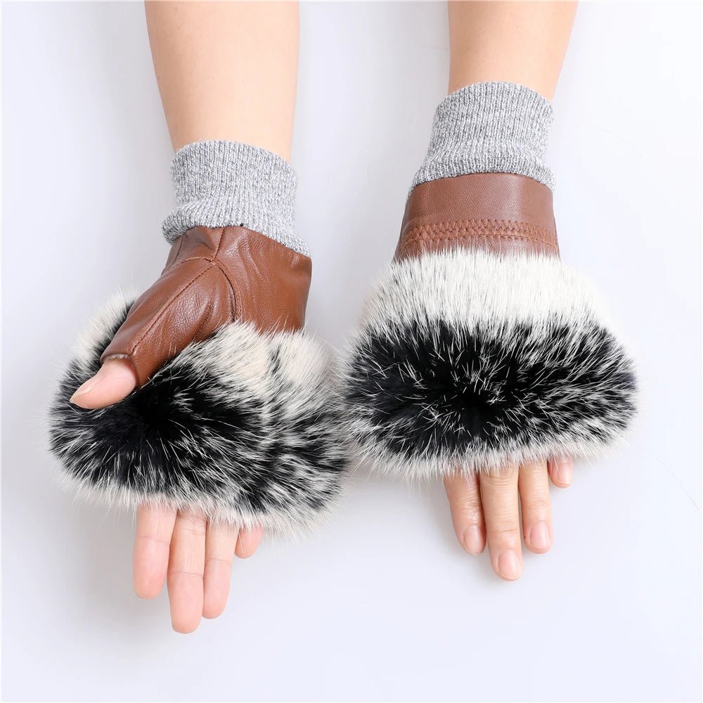 Women’s Genuine Sheepskin Fingerless Winter Gloves – Rabbit Fur Cuffs - InspiredGrabs.com