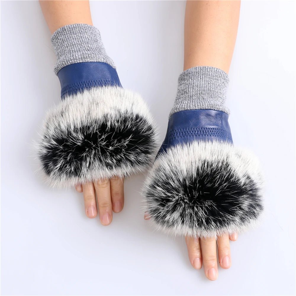 Women’s Genuine Sheepskin Fingerless Winter Gloves – Rabbit Fur Cuffs - InspiredGrabs.com