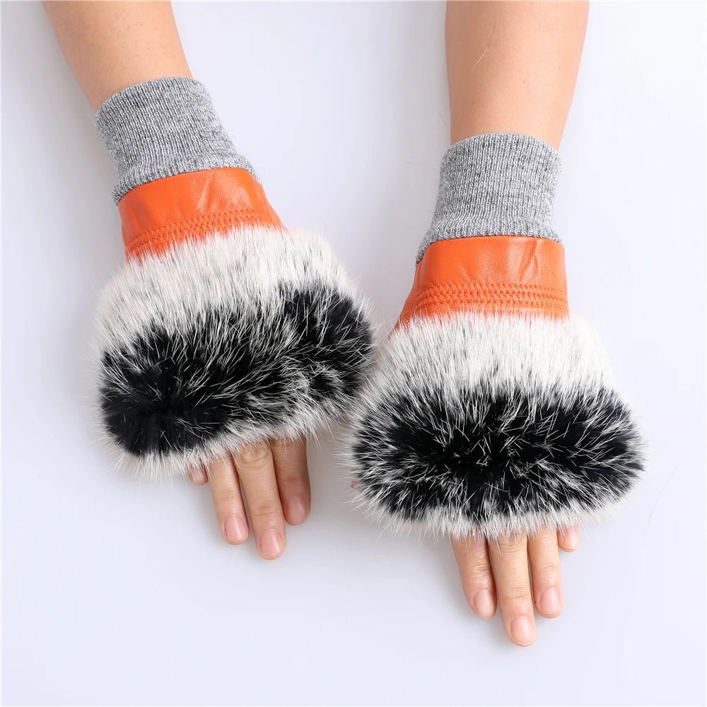 Women’s Genuine Sheepskin Fingerless Winter Gloves – Rabbit Fur Cuffs - InspiredGrabs.com