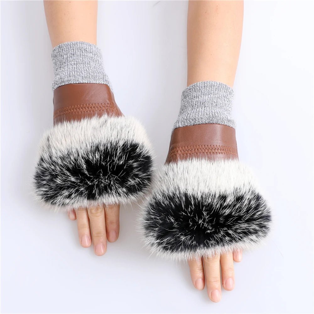 Women’s Genuine Sheepskin Fingerless Winter Gloves – Rabbit Fur Cuffs - InspiredGrabs.com