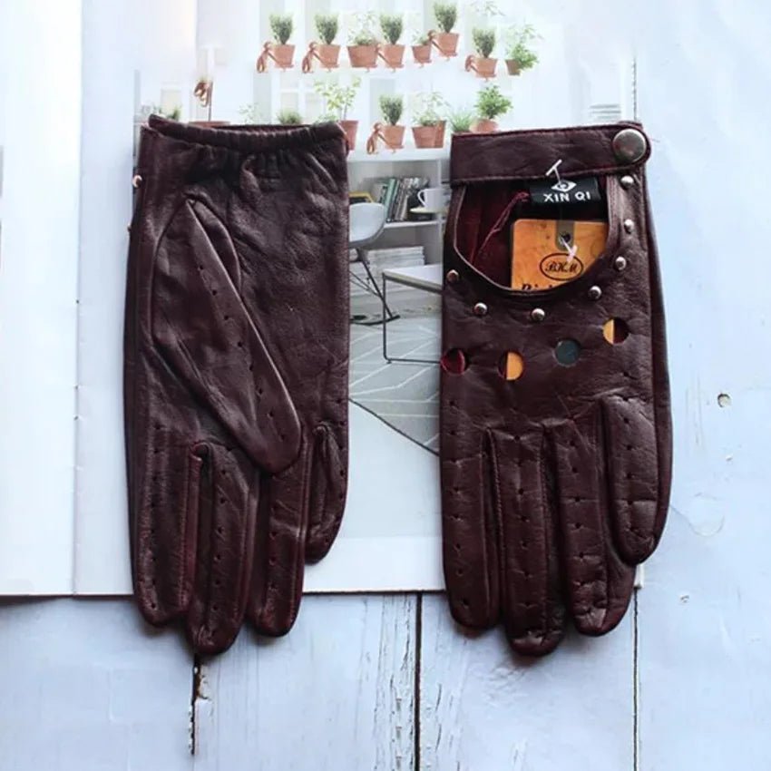 Women’s Goatskin Driving Gloves – Thin Hollow Rivet Motorcycle Fashion Gloves - InspiredGrabs.com