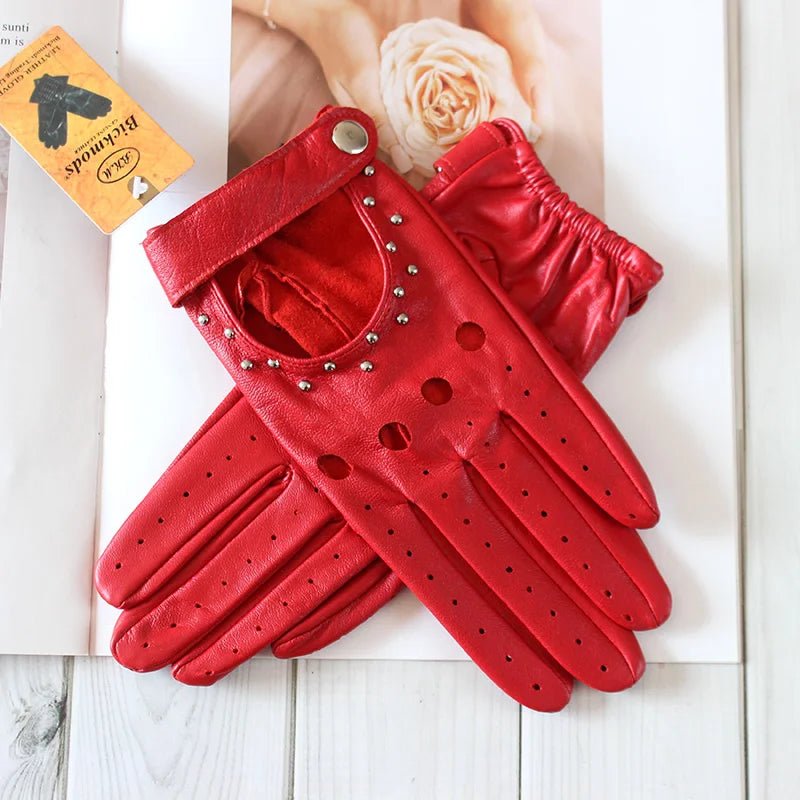 Women’s Goatskin Driving Gloves – Thin Hollow Rivet Motorcycle Fashion Gloves - InspiredGrabs.com