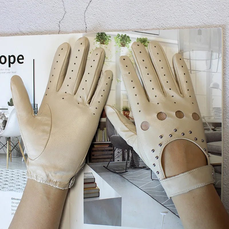 Women’s Goatskin Driving Gloves – Thin Hollow Rivet Motorcycle Fashion Gloves - InspiredGrabs.com
