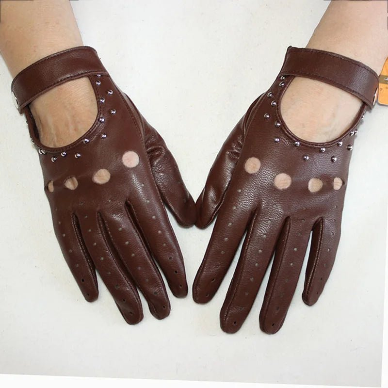 Women’s Goatskin Driving Gloves – Thin Hollow Rivet Motorcycle Fashion Gloves - InspiredGrabs.com