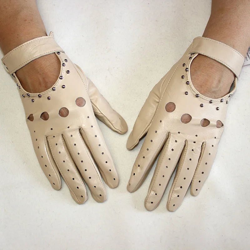 Women’s Goatskin Driving Gloves – Thin Hollow Rivet Motorcycle Fashion Gloves - InspiredGrabs.com