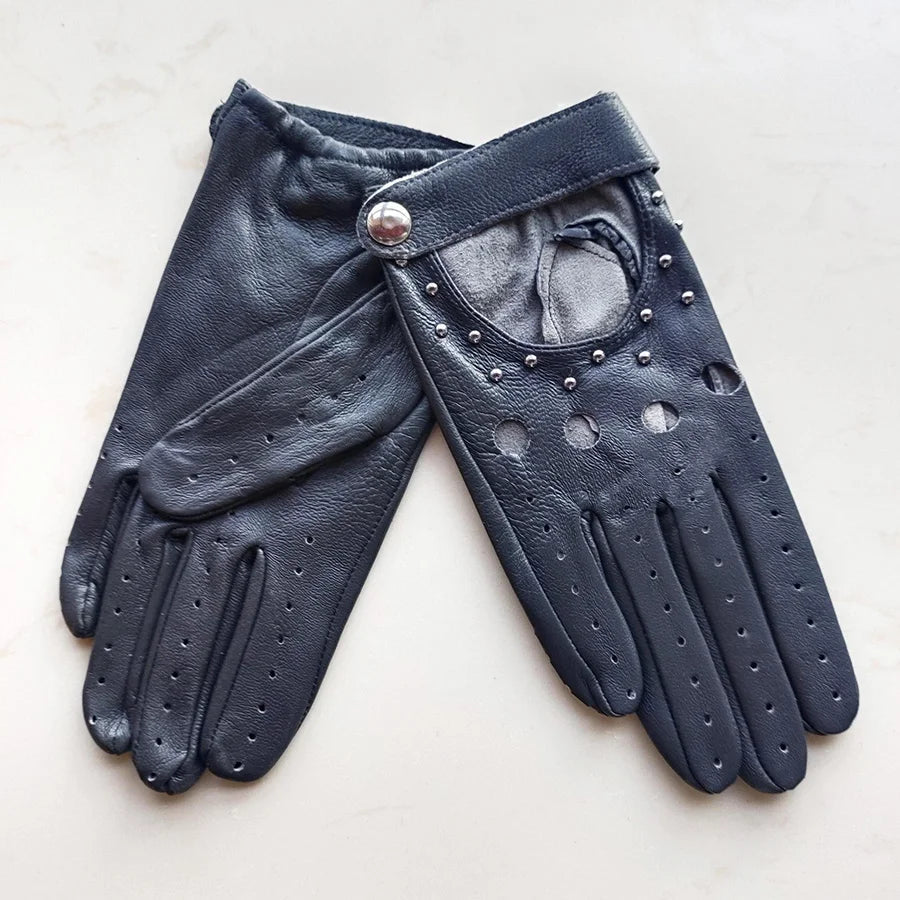 Women’s Goatskin Driving Gloves – Thin Hollow Rivet Motorcycle Fashion Gloves - InspiredGrabs.com