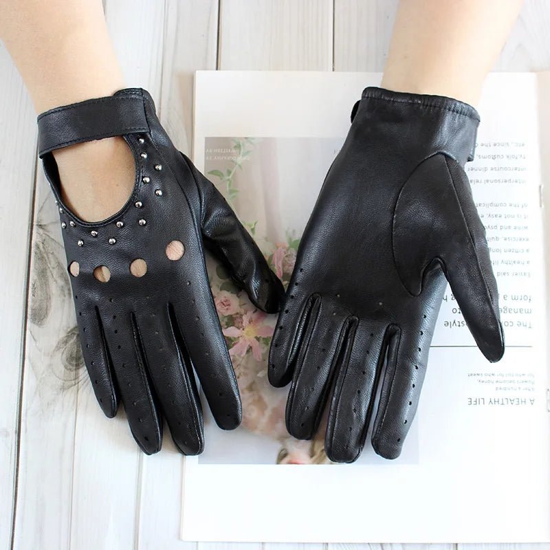 Women’s Goatskin Driving Gloves – Thin Hollow Rivet Motorcycle Fashion Gloves - InspiredGrabs.com