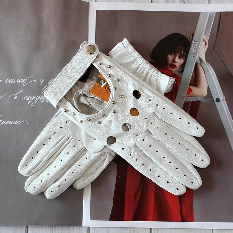 Women’s Goatskin Driving Gloves – Thin Hollow Rivet Motorcycle Fashion Gloves - InspiredGrabs.com