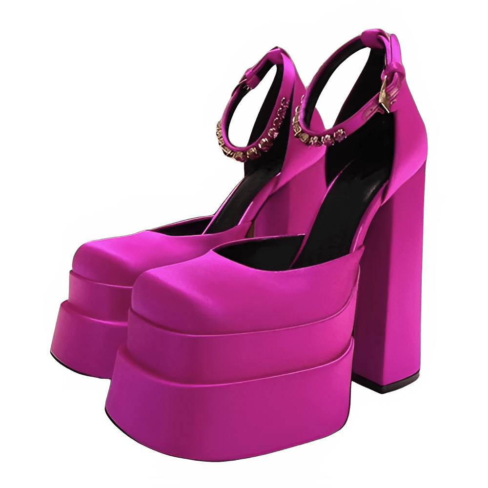 Women's Rhinestone Platform Sandals Square Toe Thick Heel Pumps - InspiredGrabs.com