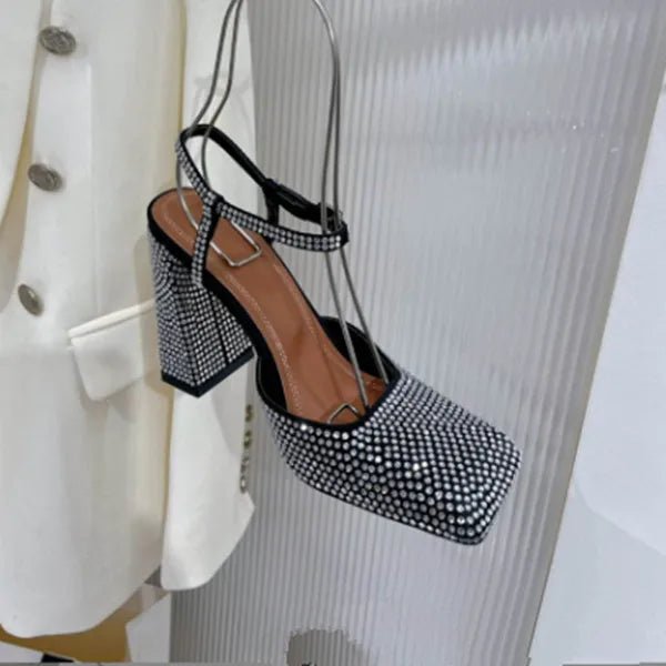 Women's Rhinestone Platform Sandals Square Toe Thick Heel Pumps - InspiredGrabs.com