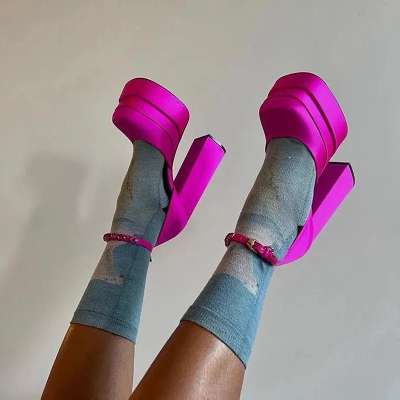 Women's Rhinestone Platform Sandals Square Toe Thick Heel Pumps - InspiredGrabs.com