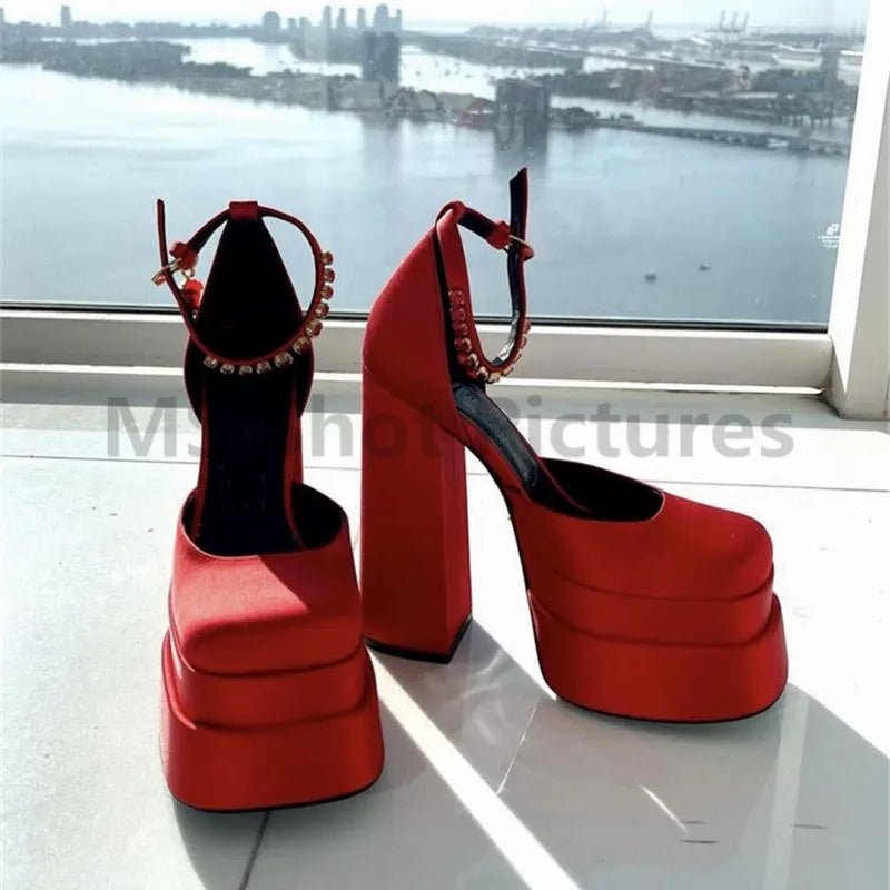 Women's Rhinestone Platform Sandals Square Toe Thick Heel Pumps - InspiredGrabs.com