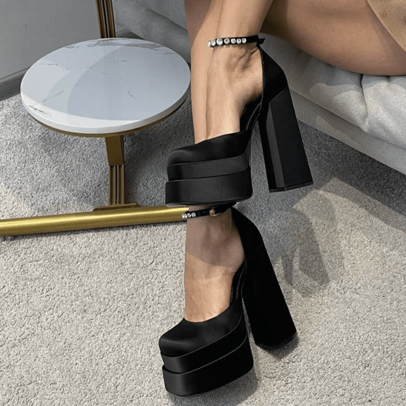 Women's Rhinestone Platform Sandals Square Toe Thick Heel Pumps - InspiredGrabs.com