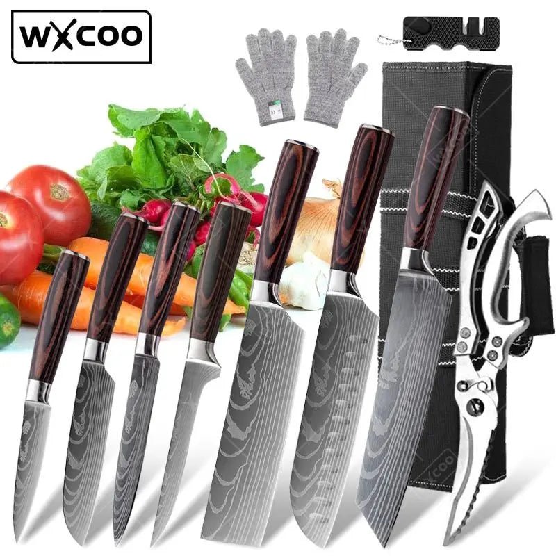 WXCOO Japanese Kitchen Knife Set – High Carbon Steel Knives with Sheath - InspiredGrabs.com