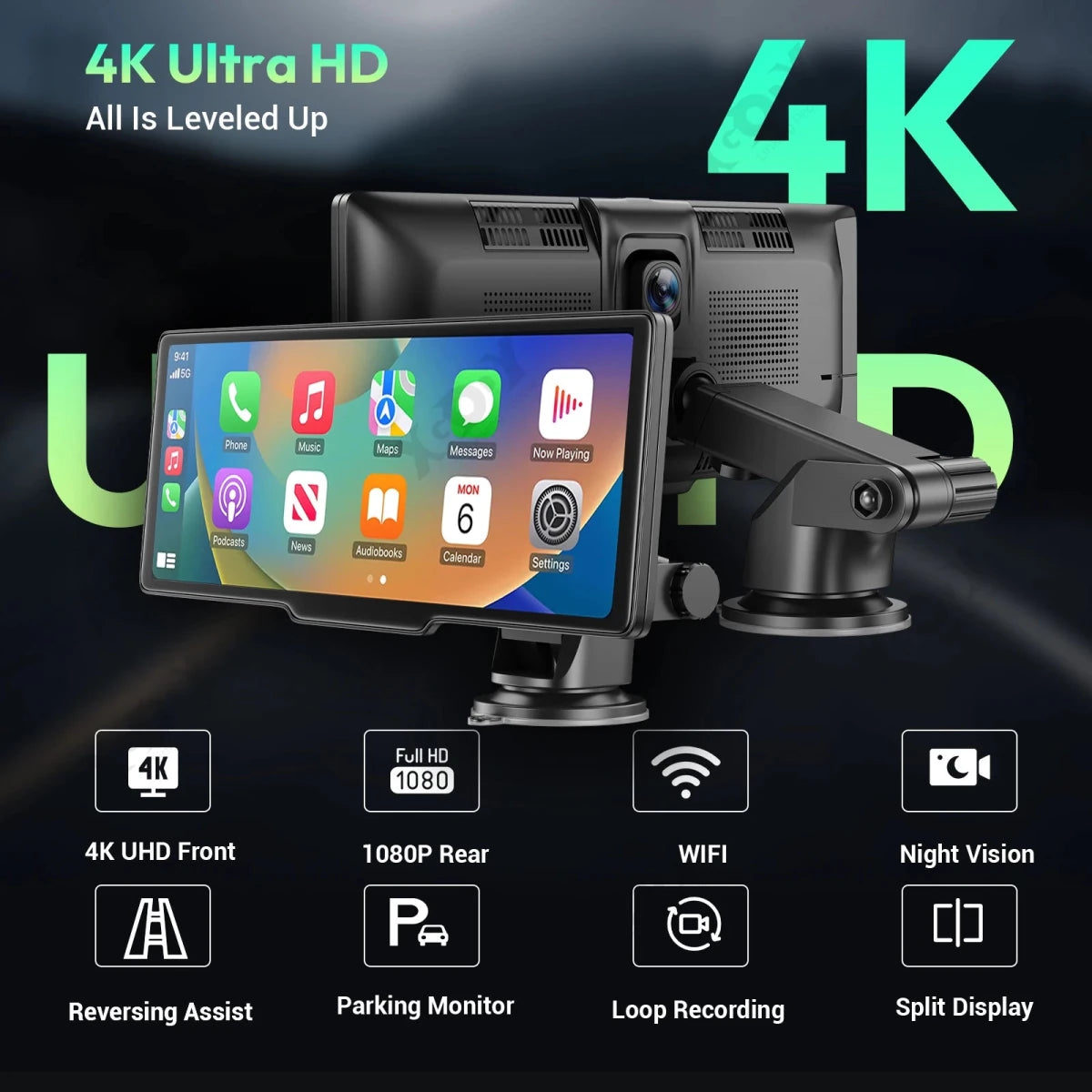 XGODY 10.26 inch 4K Wireless CarPlay Android Auto Dash Cam - InspiredGrabs.com