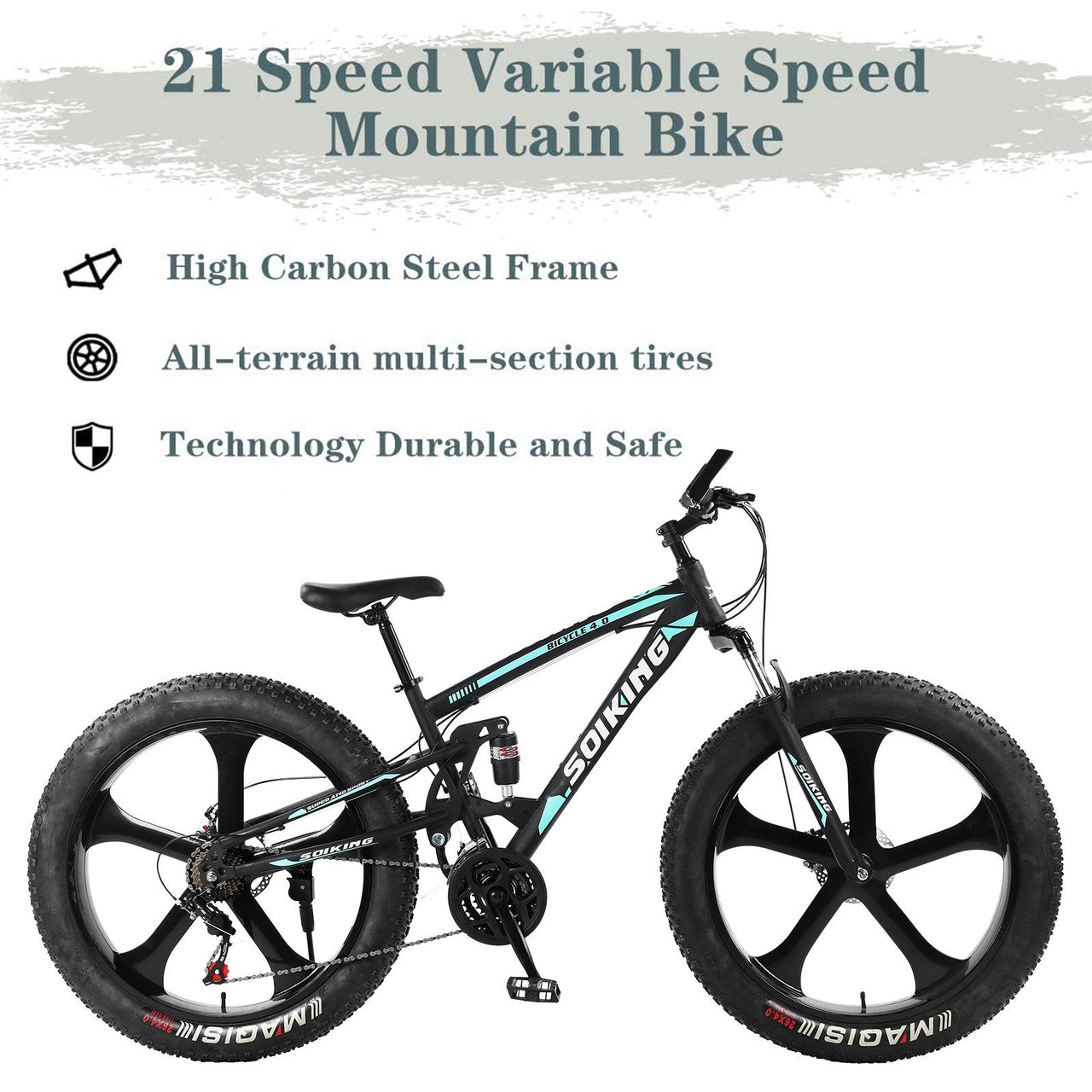 26-Inch 21-Speed High-Carbon Steel Frame, Beach And Snow Fat Tire Mountain Bike - InspiredGrabs.com