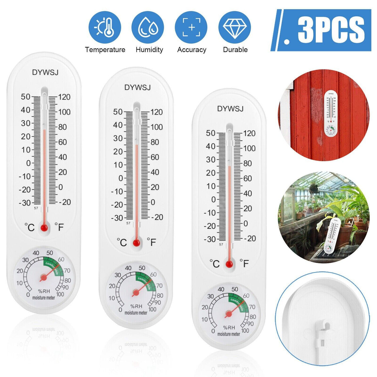 3PCS Wall Mount Thermometer Indoor Outdoor Garden Greenhouse Home Humidity Meter - InspiredGrabs.com