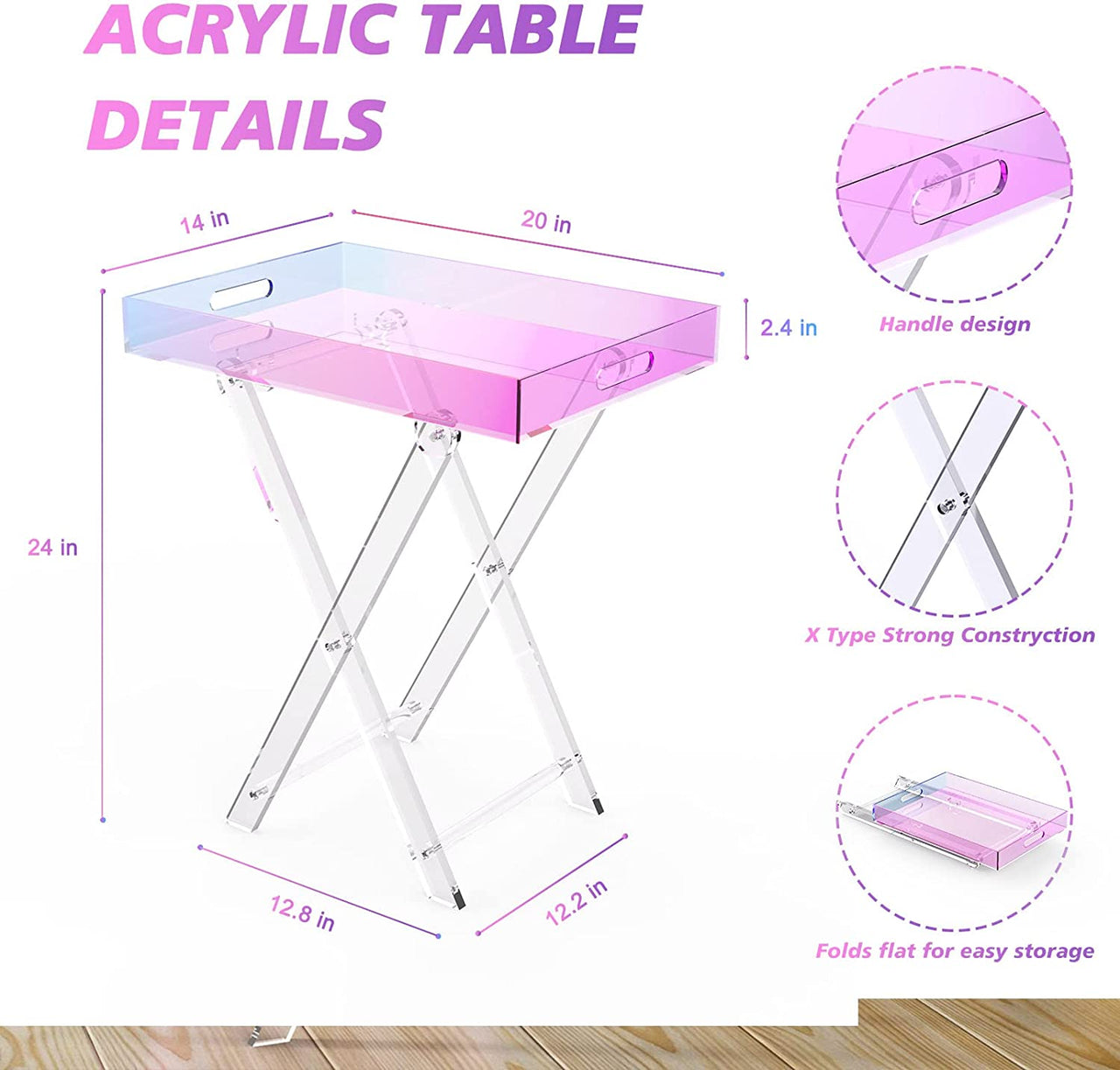 Acrylic Iridescent Coffee Table, Folding Tray End Table, Modern Chic Accent Desk-living Room, Bedroom and Bar Serving 20x14 Inch, 24 Inch High - InspiredGrabs.com