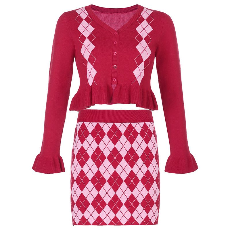 Elegant and chic. We are introducing our Diamond Check Cardigan and Tight Skirt Suit. Stay stylish and comfortable with this knitted ensemble. - InspiredGrabs.com