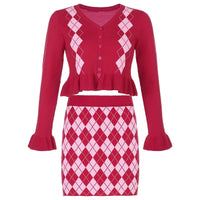 Thumbnail for Elegant and chic. We are introducing our Diamond Check Cardigan and Tight Skirt Suit. Stay stylish and comfortable with this knitted ensemble. - InspiredGrabs.com