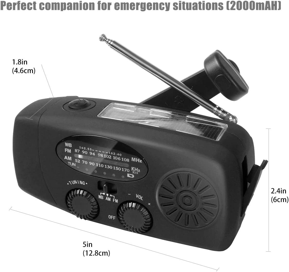 Emergency Solar Hand Crank Weather Radio With LED Flashlight 2000mAh Solar Power Bank Cell Phone Charger For Home And Outdoor - InspiredGrabs.com