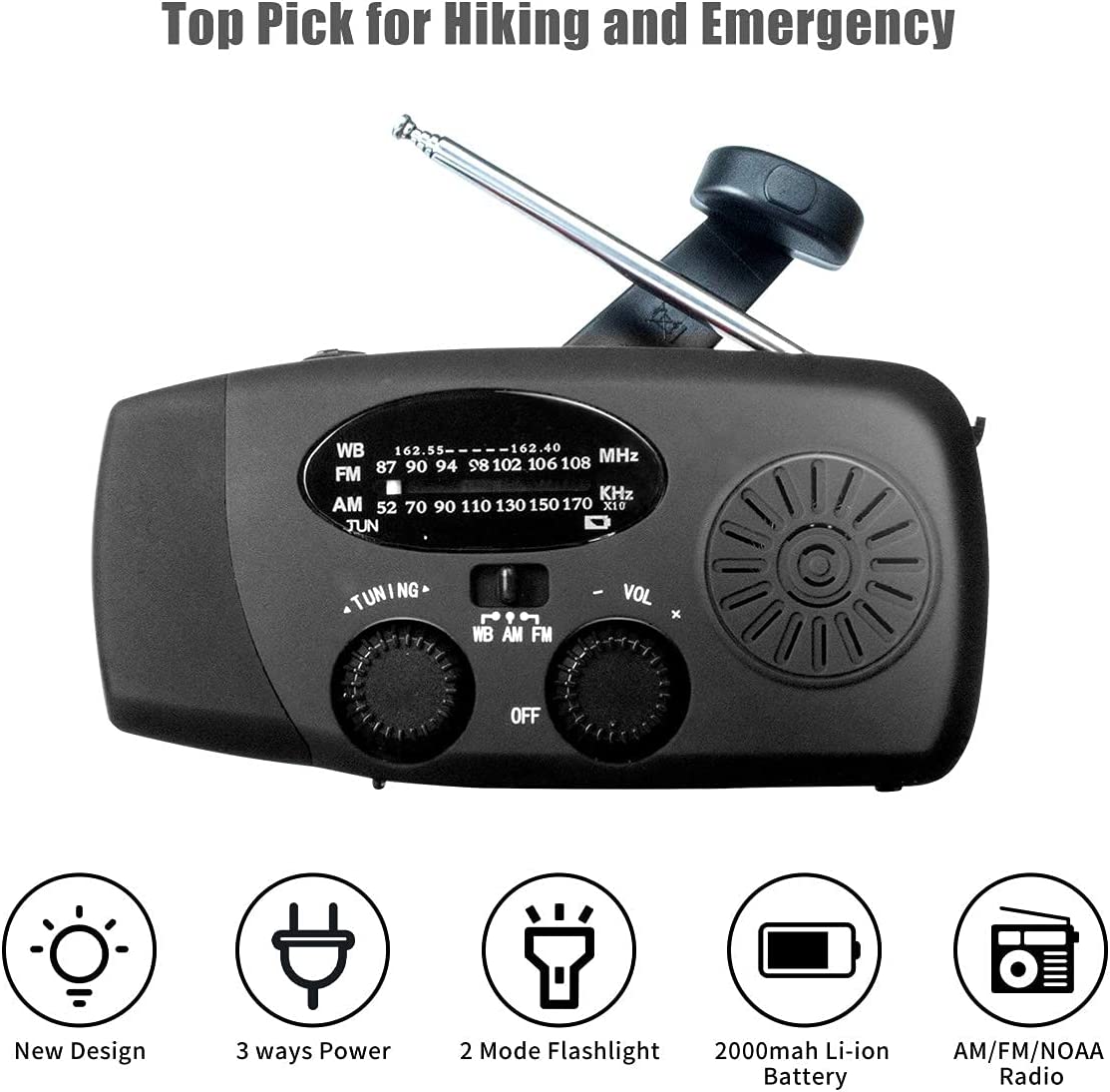 Emergency Solar Hand Crank Weather Radio With LED Flashlight 2000mAh Solar Power Bank Cell Phone Charger For Home And Outdoor - InspiredGrabs.com