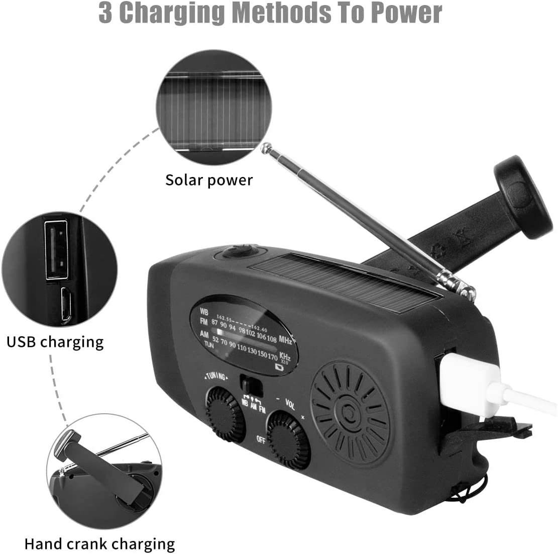 Emergency Solar Hand Crank Weather Radio With LED Flashlight 2000mAh Solar Power Bank Cell Phone Charger For Home And Outdoor - InspiredGrabs.com