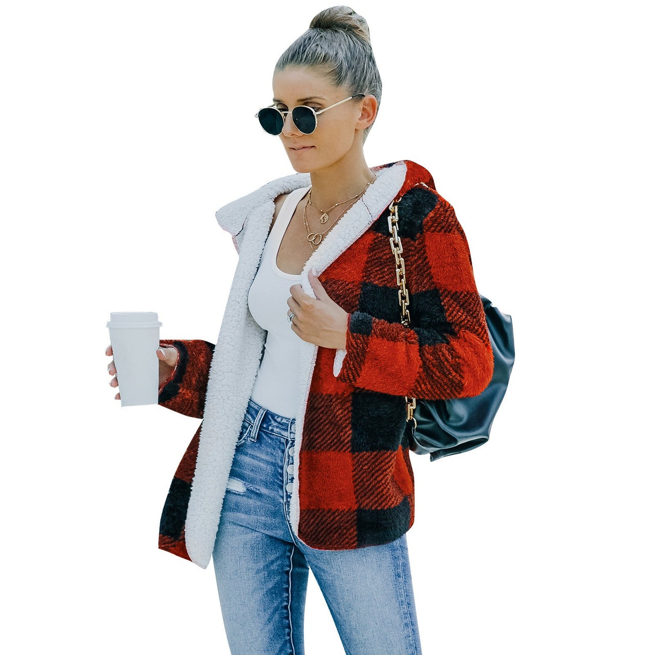 Fashion Plaid Double-Sided Wear Mid-length Plush Jacket - InspiredGrabs.com